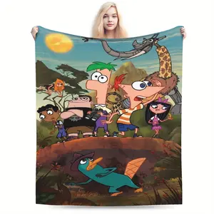 [JIT]Phineas and Ferb Poster Thickened Flannel Blanket, Stylish and Comfortable Geometric Design Sofa Cover, Suitable for Beds and Living Rooms--Perfect for Birthday Gifts, Housewarming Presents, and Easter Gifts