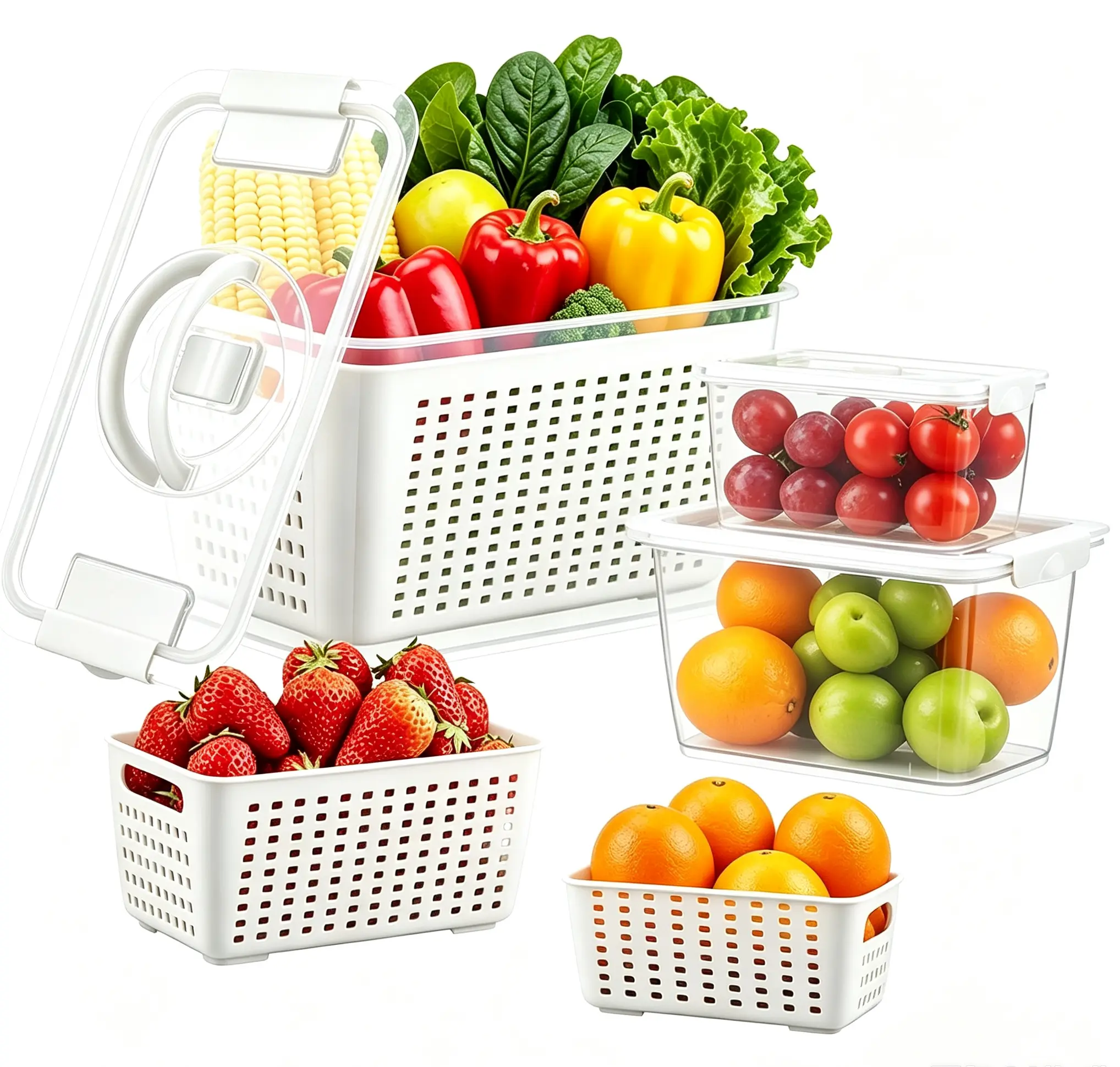 LUXEAR 3-Set BPA-Free Airtight Hermetic Food Storage Bins (0.5L,1.7L,4L) - Bowl with Lid Cold/Freezer Safe Containers, Large Container with Removable Colanders, Dishwasher-Microwave Safe for Fruits, Vegetables, Bowl With Lid Food Storage, Cold Food Storag