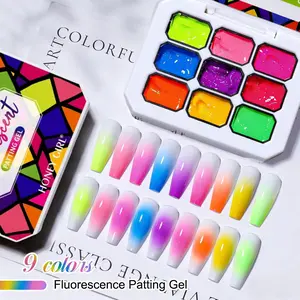 Nine Grid Solid Fluorescent Color Nail Polish Adhesive, Gradient Coloring Gel, High Saturation Trendy Nail Polish, Single Coat, Powder Brush, Gradient Effect