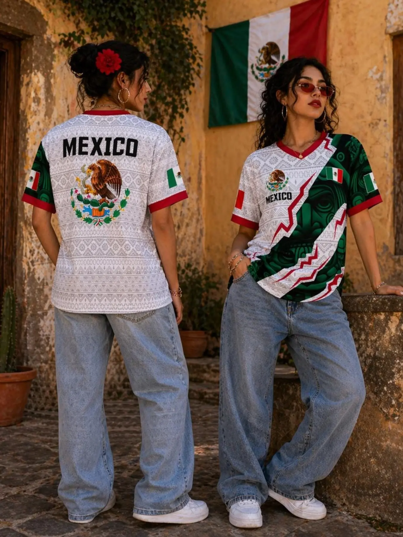 Mexico Soccer T-shirt  2026 White, Aztec Ethnic Geometric Print Pattern Shirt, Mexican Pride Futbol Tee, Eagle Crest T-shirt, Mexico Fan Apparel