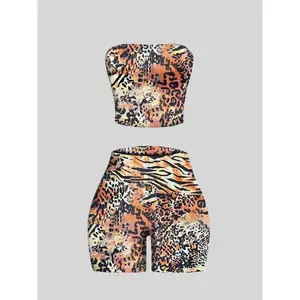 Women’s two-piece leopard print crop top and fitted shorts, casual, fashionable, and comfortable, suitable for everyday outdoor wear; spring and summer women’s clothing, setGARMENTARY