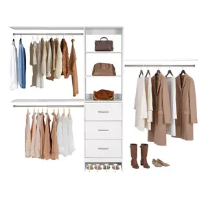 VEVOR Closet System with 3 Drawers, Adjustable Height Wooden Closet Organizers, Modern Walk-in Wardrobe Organization with 3 Retractable Clothes Hanger Rods, Freestanding Garment Rack Storage, White