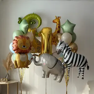 25pcs Jungle Animal Theme Number Balloons Set, Cartoon Lion Zebra Crocodile Elephant Leopard Giraffe, Kids Birthday Party Decorations, Metallic Latex Balloons