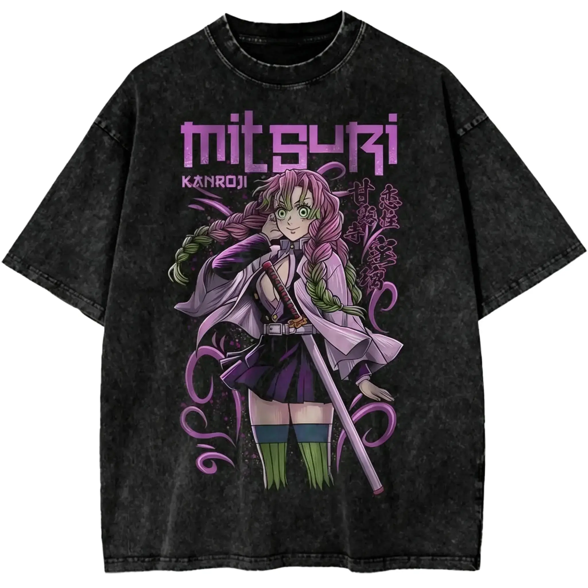 Mitsuri Kanroji Demon Slayer Anime Graphic Tee, Vintage Washed Heavyweight Cotton Oversized Double-Sided T-Shirt