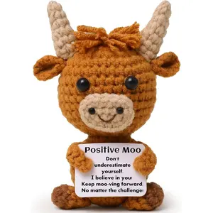 Funny Positive Highland Cow, Knitted Wool Cow Toy with Positive Card - Creative Cute Crochet Doll Emotional Support Cheer Up Keepsake Gift for Friends, Women, Student, Christmas