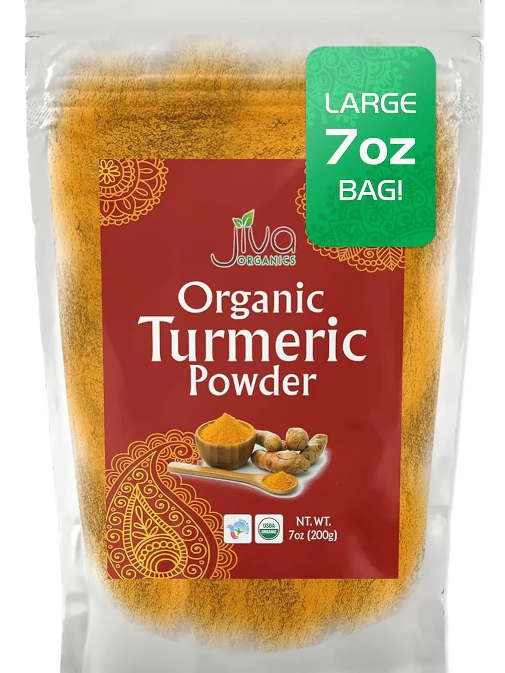 Jiva Organic Turmeric Powder 7 oz - Packaged in Resealable Bag, 100% Raw with Tumeric Powdered Organic, Turmeric Curcumin Powder, Origins from India