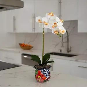 26” Artificial Orchid Arrangement in Handmade Mexican Talavera Ceramic Planter
