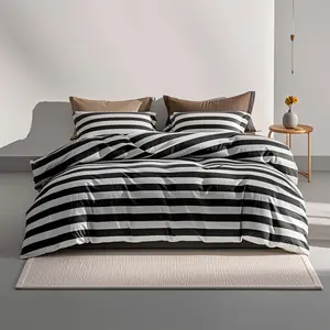 Lightweight Microfiber Bedding Set, Black and White Stripe Pattern, Soft Wrinkle-Resistant Easy-Care Comforter Cover with Hidden Dual Zipper & Corner Ties, Breathable Durable Bed Set, Modern Minimalist Style