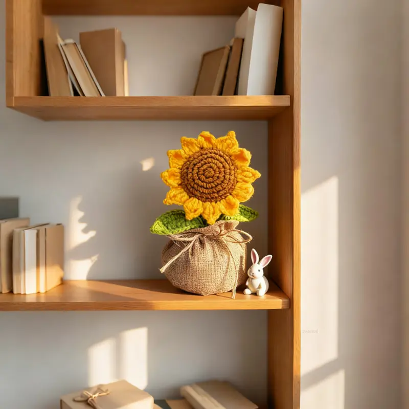 Handmade Crocheted Yarn Sunflower Potted Decoration - Single Unit Artificial Flower in Burlap Bag, Cute Desk Ornament for Women's Office Home, No-Wilt Nature-Inspired Gift for Birthday, Specialty Kitchen Gadget, Flowers