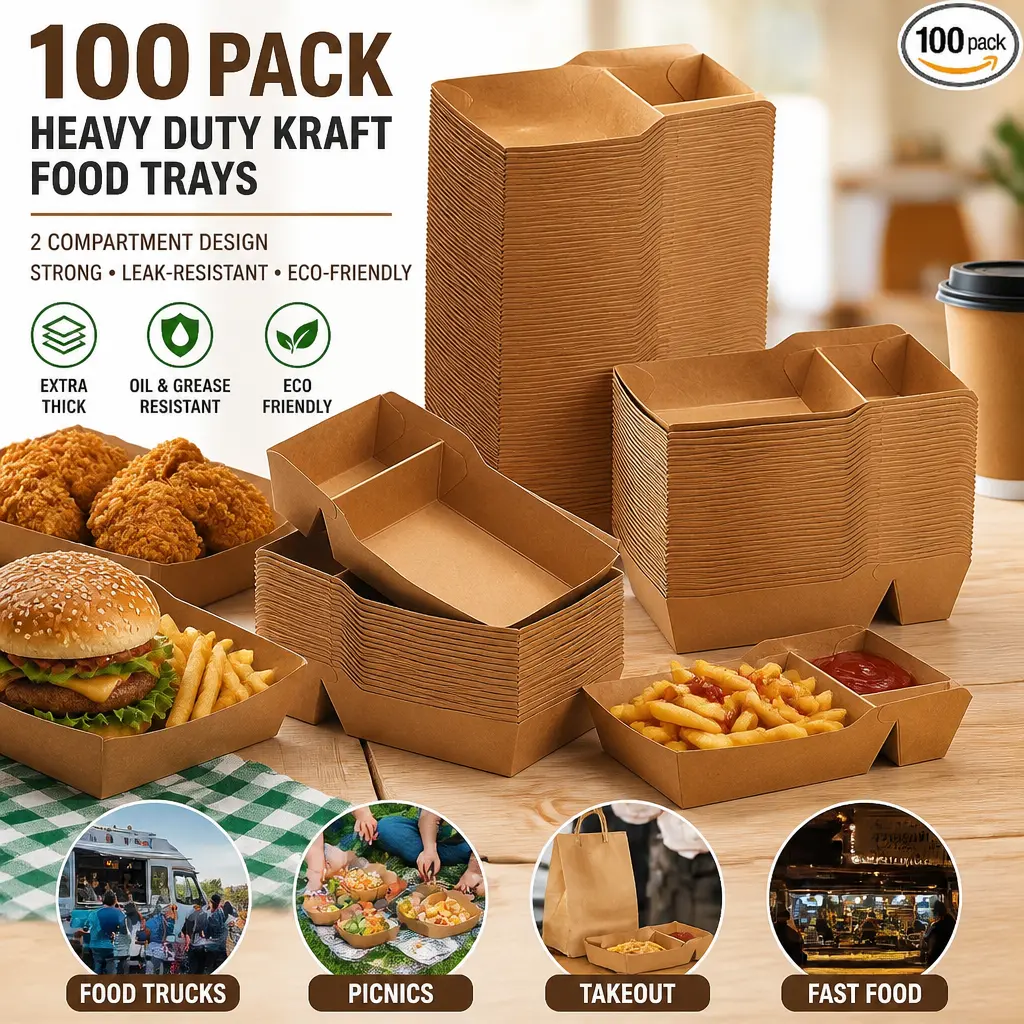 100-Pack 2-Compartment Design Eco-Friendly Kraft Paper Food Trays - 6.3''L x 3.5''W x 1.5''H Heavy-Duty Grease-Resistant Disposable Paperboard for Adults, Parties Takeout, Fast Food (Nachos, Fries)
