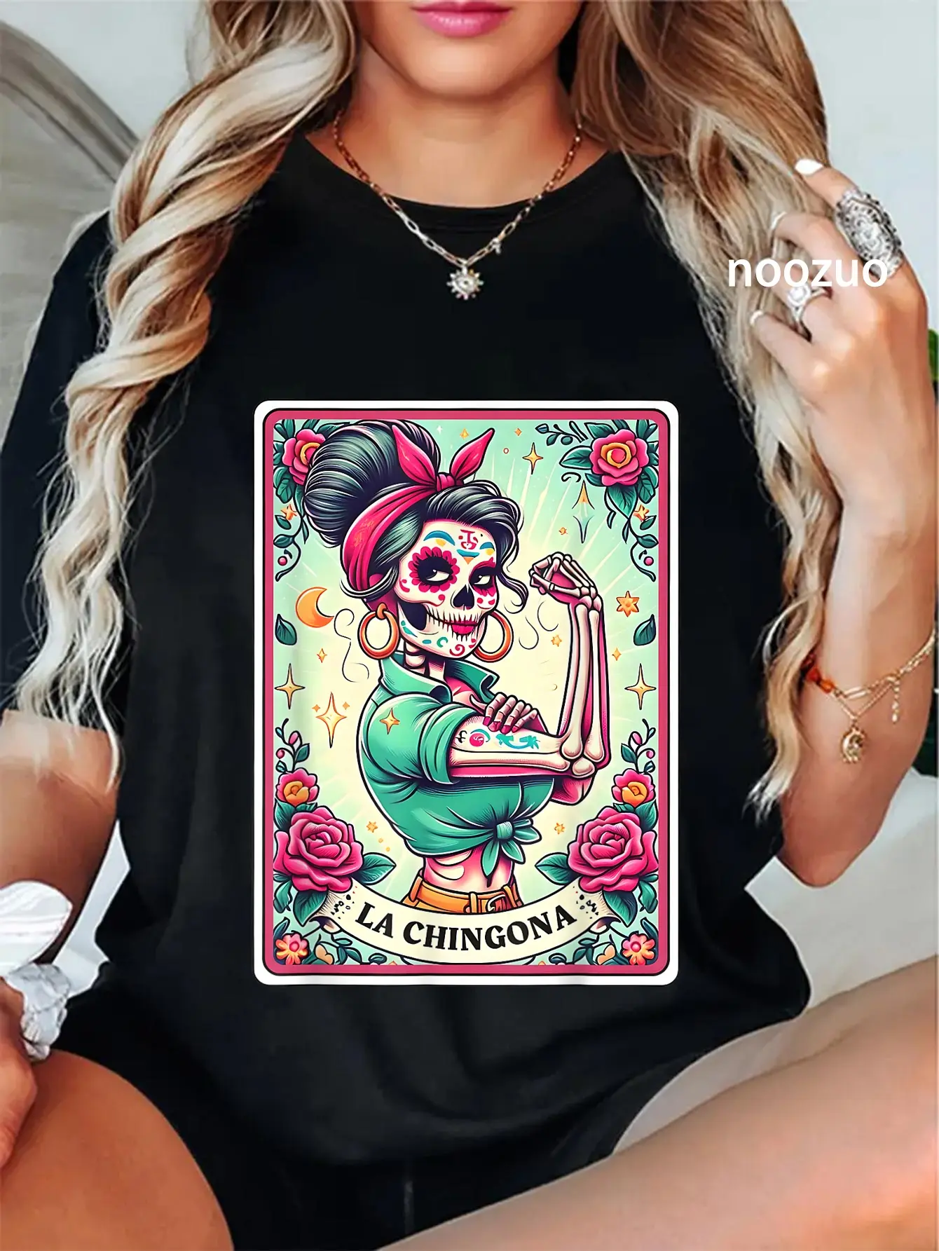 Day of the Dead Catrina T-Shirt, a Quirky Short Sleeve Casual Top with a Playful Humor Graphic Print for Everyday Wear, Casual Tops, Round Neck, Vintage, Casual Fit, Clothes