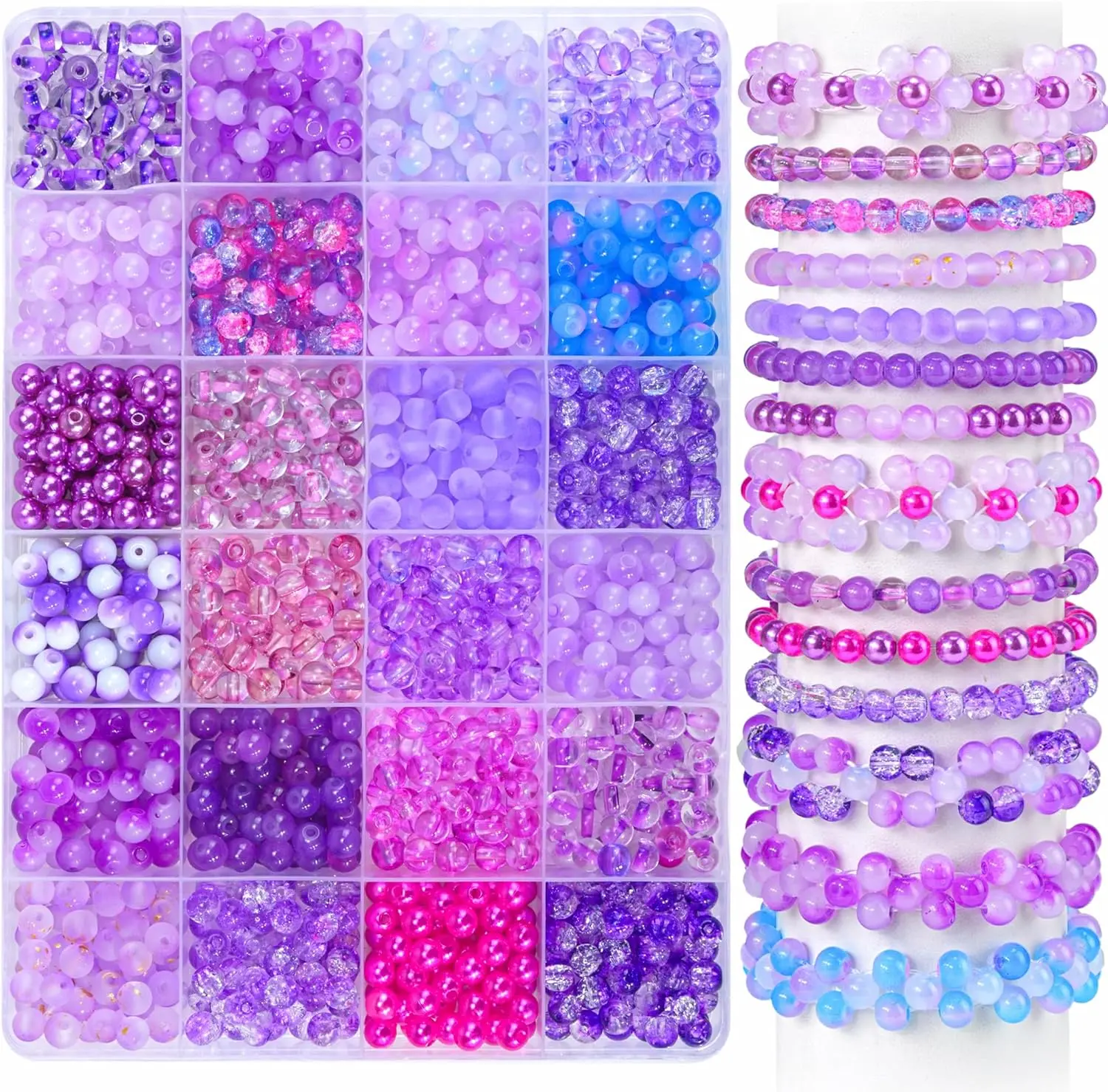1200PCS 6mm Purple Glass Beads for Bracelets, 24 Colors Assorted Violet Series Crystal Beads Bracelets Making Kit and Jewelry Making, Bracelet Beads for Necklace Earring Crafts DIY