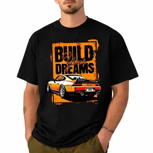 Bold Street Graphic Tee for Men, Retro Sports Car Print T Shirt with Motivational Build Your Dreams Slogan, Casual Short Sleeve Crewneck Top for Daily Wear, Urban Style Outfit for Spring Summer, Gift Idea for Him