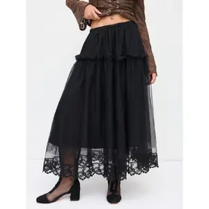 Cider Mesh Mid Rise Lace Trim Ruched Tulle Midi Skirt SwimWeek