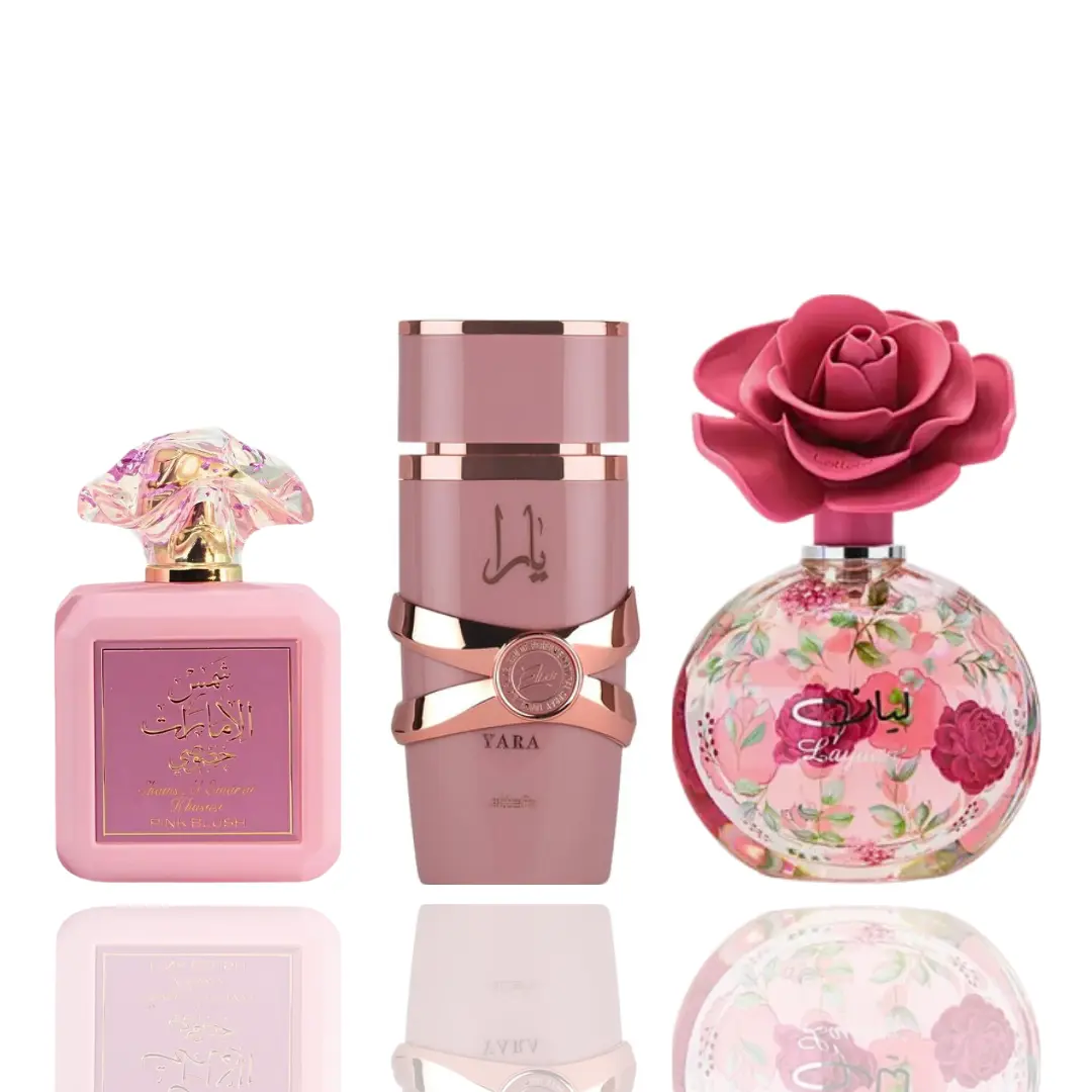 Lattafa 3-Piece Female Fragrance Bundle Set - YARA ELIXIR, Shams Al Emarat Pink Blush, Layaan Floral Fragrances, Floral Fruity Perfume, Candy-Flavored Women's Fragrance
