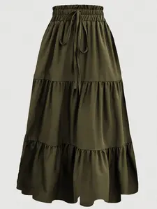 Elegant Midi Skirt with Tiered Design, Lightweight Fabric & Gathered Waist with Drawstring, Perfect for Boho Style, Versatile and High-End Look
