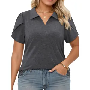 ROSRISS Women's Plus-Size Lady Basic Rayon Fabric Polo Blouse - Collared V-Neck, Petal Short Sleeve, Loose-Fitting, Solid Tee, Elegant Dressy Business Casual Tunic Top 0220 Summervibes Feminine outdoorfun