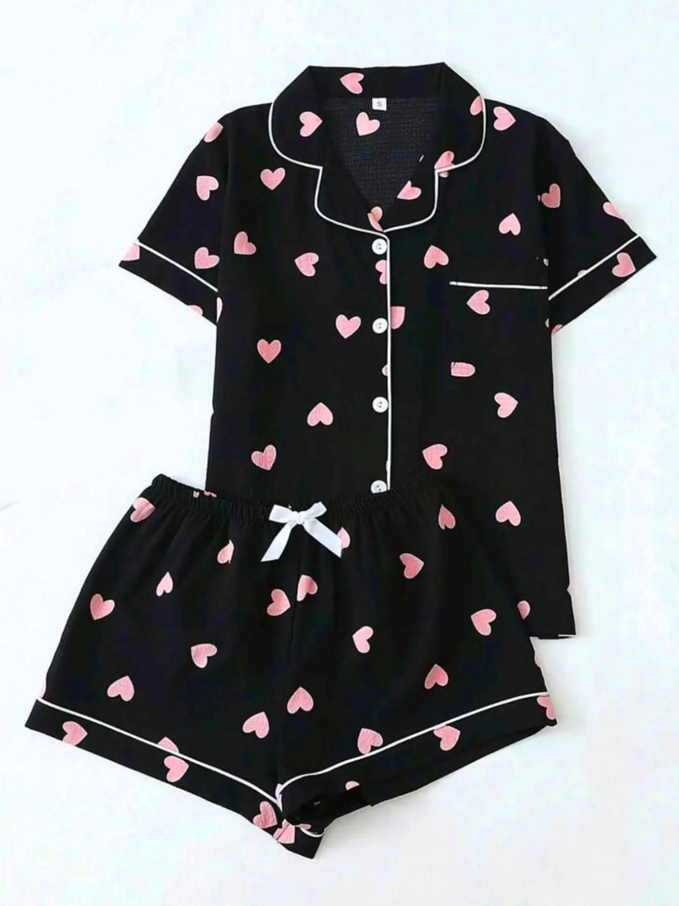 Women's Heart Print Short Sleeve Shirt & Elastic Waist Shorts Pyjama Two-piece Set, Casual Comfy Top & Shorts PJ Set, Ladies Sleepwear for All Seasons Pajamas Loungewear Women's Heart Print Short Sleeve Shirt & Elastic Waist Shorts Pyjama Two-piece Set, Casual Comfy Top & Shorts PJ Set, Ladies Sleepwear for All Seasons Pajamas Loungewear