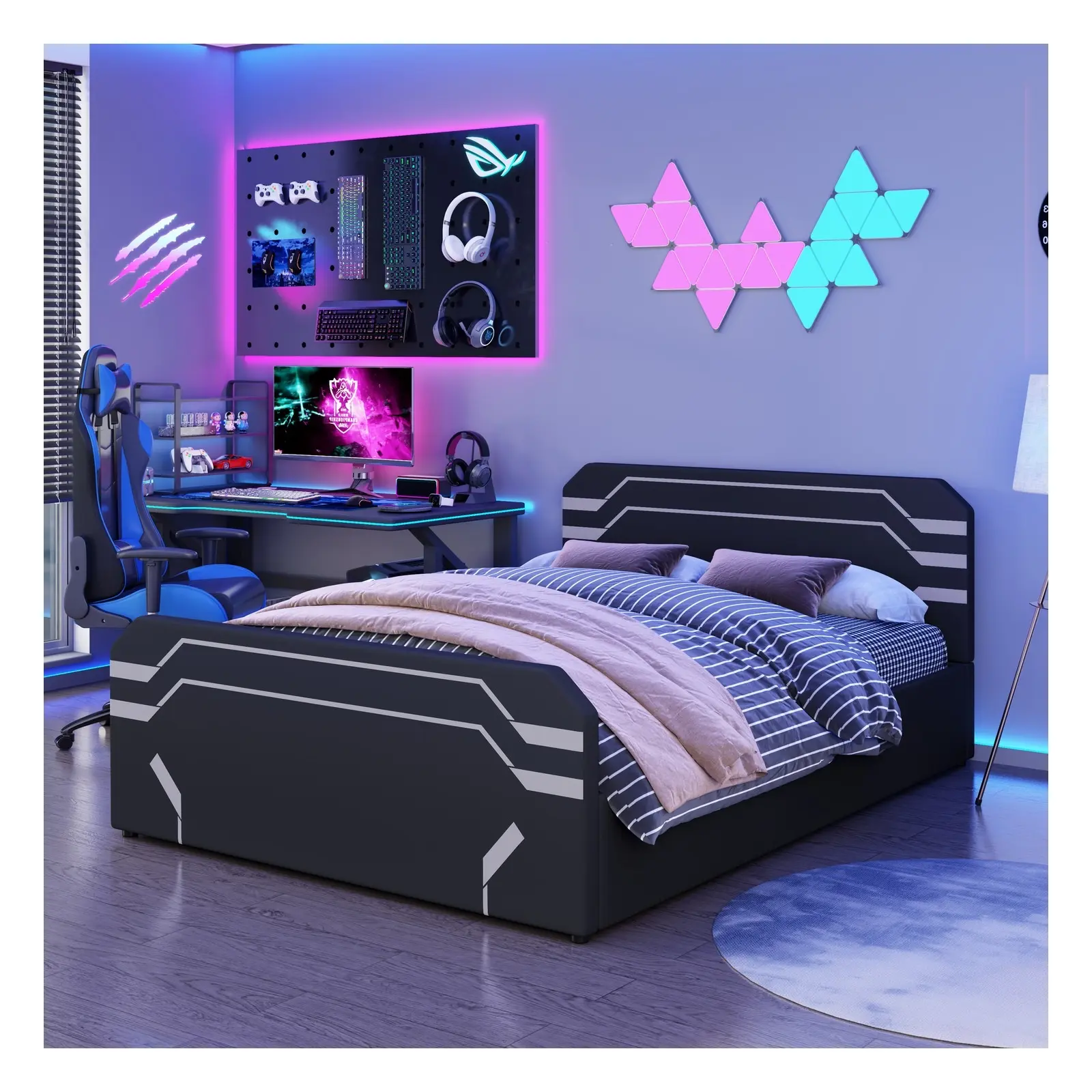 Queen Size Upholstered Storage Platform Bed Frame with Hydraulic Lift, Headboard and Gaming Design, Black/Gray/Purple/Red
