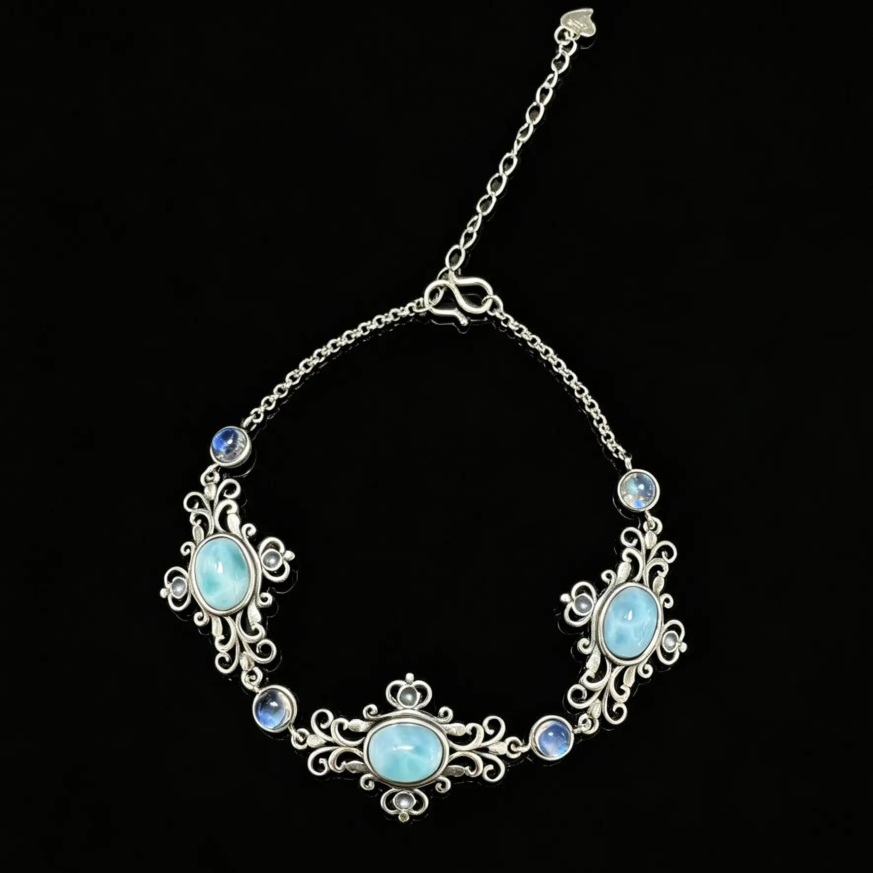Women's Retro Vintage 925 Sterling Silver Filigree Frame Bracelet, Natural Larimar & Moonstone, Adjustable Chain, Casual Wear Festival Jewelry for Youth, 21.5cm Total Length, Crystal Healing, Daily