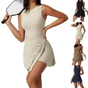Women'S Athletic Dress Sleeveless Solid Knot Wrap Sports Tank Tummy Control Romper Tennis Dress with Built-in Shorts