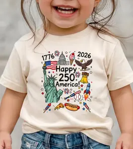Happy 250 America T-Shirt Patriotic July 4th Graphic Tee, 1776-2026 USA 250th Anniversary Shirt,  Doodle Patriotic USA Tee