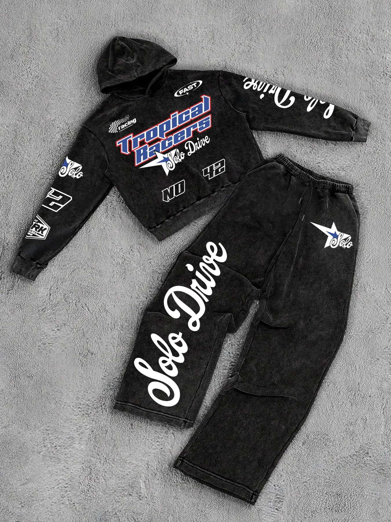 Vintage Acid Wash Racing Graphic Matching Set Menswear | Y2K Streetwear Oversized Cropped Long Sleeve Hoodie & Wide Leg Sweatpants 2 Piece Outfit for Urban Aesthetic Fit Check