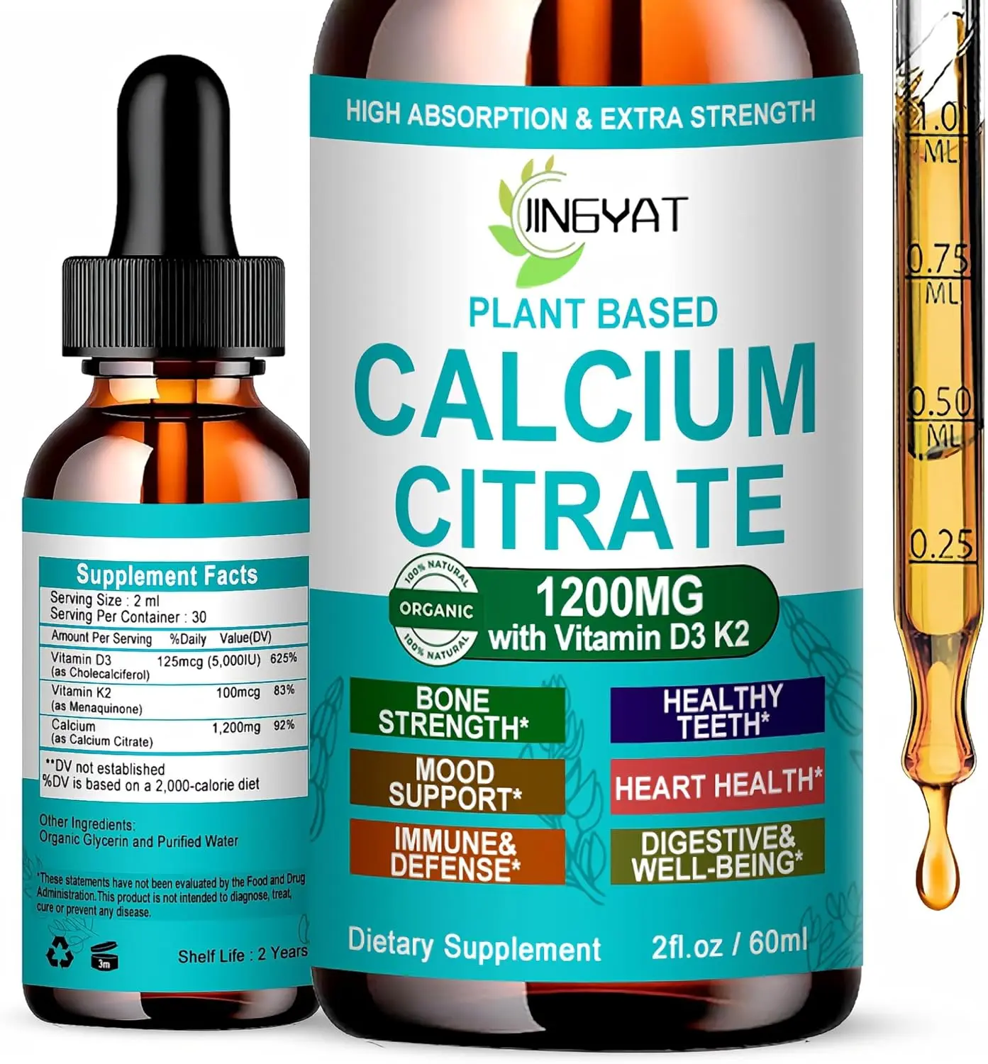 Calcium Supplements for Women Liquid Drops, High Absorption Calcium 1200mg with Vitamin D3 K2 for Bone and Teeth Support, Calcium Citrate Drops - Immune Support, 30 Servings Pack of 1
