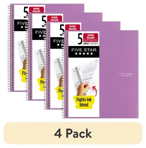 (4 pack) Five Star Spiral Notebook + Study App, 5 Subject, Wide Ruled, 8" x 10.5", Amethyst