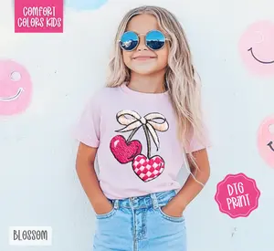 Faux Patchwork Heart Cherries Comfort Colors Youth Tshirt, Trendy Valentines Shirt