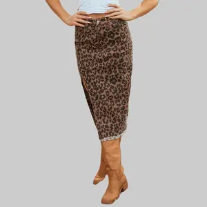 Dear-Lover Women's High-Waist Brown Leopard Animal All-Over Print Denim Midi Jean Skirt - Frayed Split, Casual Fit, Machine Washable for Blouse Pairing, Animal Print, High Waist Skirts