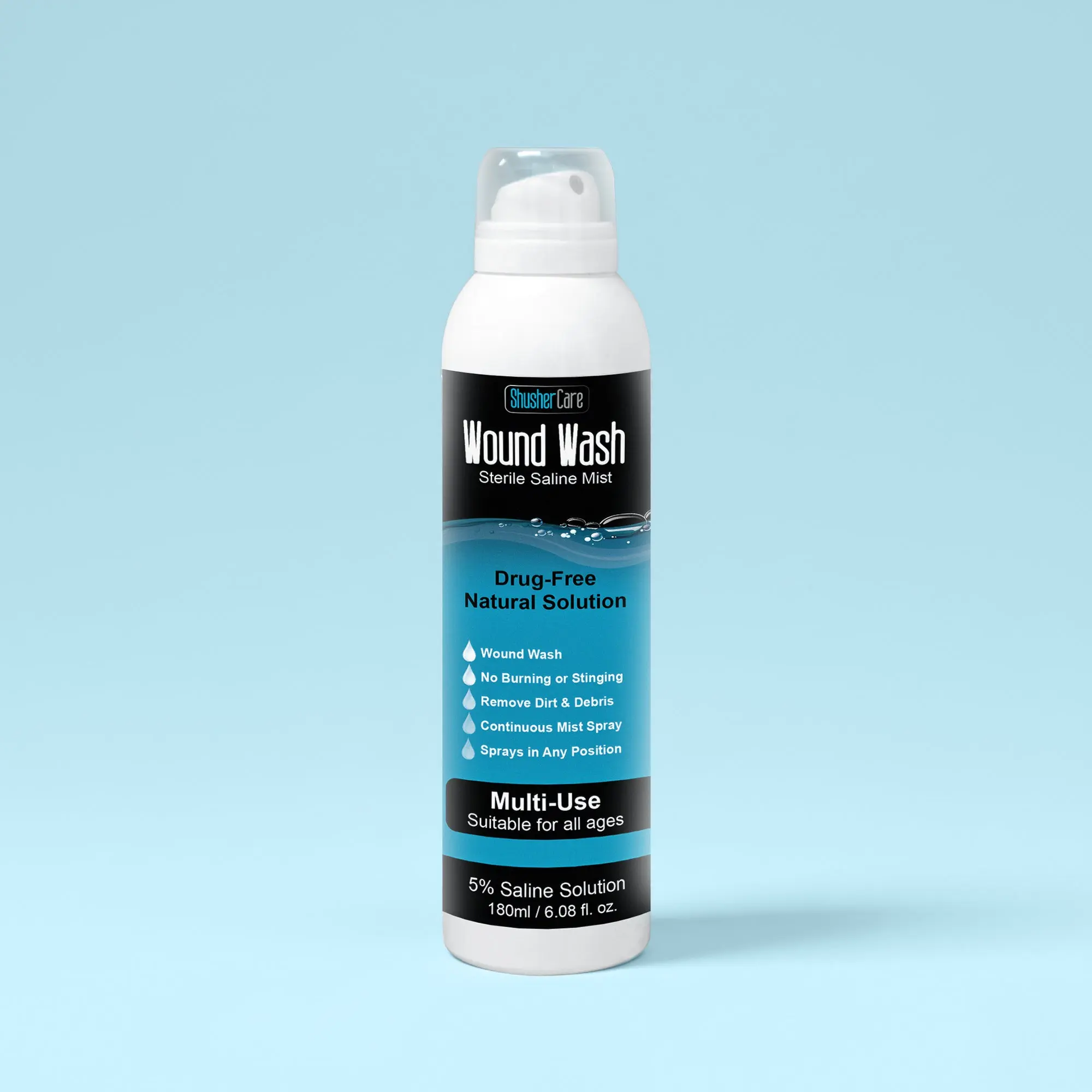 Shusher Care Wound Wash Spray – Sterile 5% Hypertonic Saline for Cuts, Scrapes & Wound Irrigation