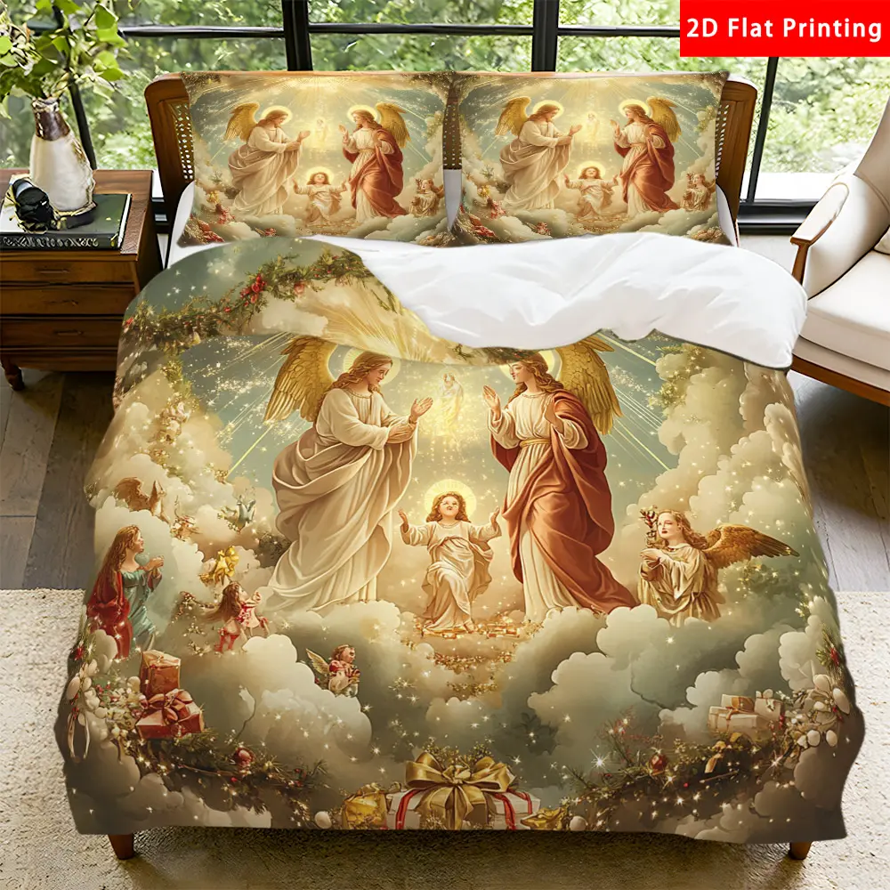 2/3 Pcs 2D Flat Heavenly Angelic Scene Duvet Cover Set Celestial Christmas Bedding Set Quilt Cover 1 Duvet Cover + 1/2 Pillowcases Divine Cloudy Top Sheet Decorative Bedding Bedroom Decor