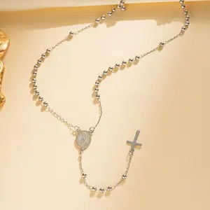 Round Bead Necklace Pendant Titanium Steel Virgin Mary Cross Stainless Steel 3mm Buddha Bead Light Luxury