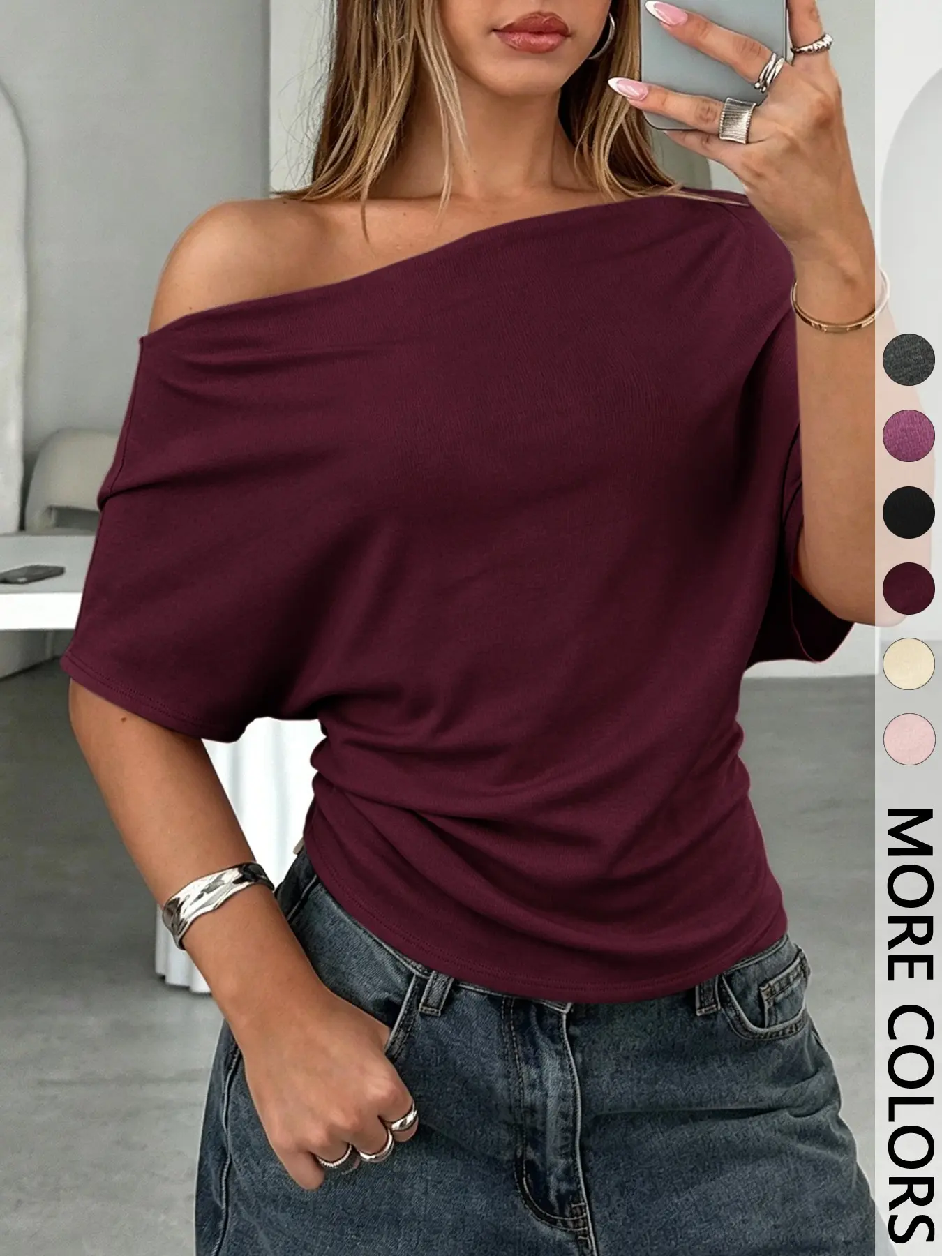 Women's Summer Autumn Casual Basic Plain Asymmetrical Batwing Sleeve Knit T-Shirt, Loose Fit Drop Shoulder Short Sleeve Top