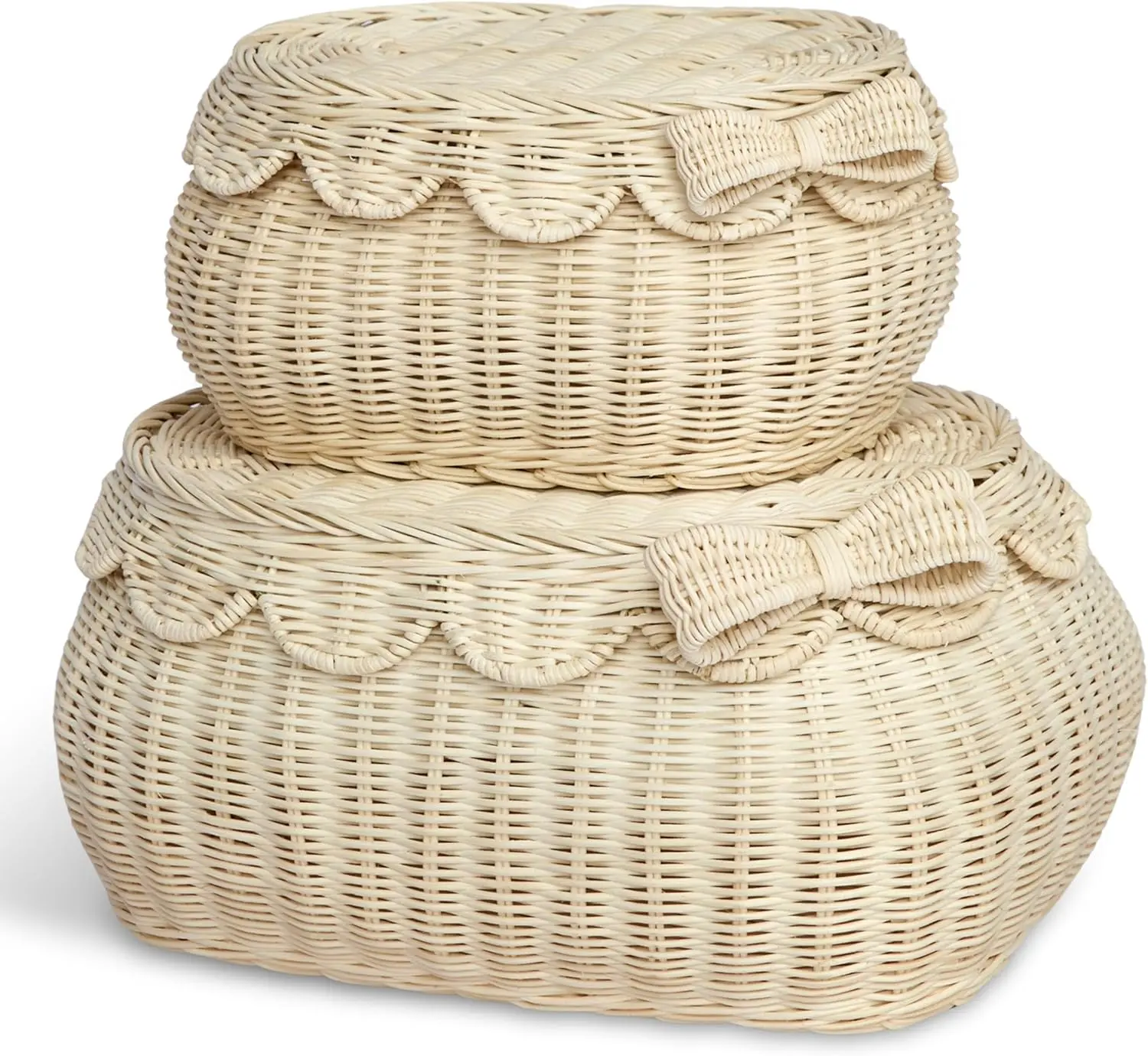 BEBE BASK Original Scalloped Bow Basket with Lid - Set of 2 (15x11x6 In) | Award Winner, Handwoven Rattan, Scalloped Wicker Basket, Woven Baskets for Storage, Nursery Storage, Scallop Basket (Bow)