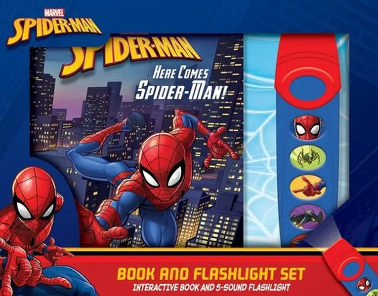 Marvel Spider-Man: Here Comes Spider-Man! Book and 5-Sound Flashlight Set [With Flashlight and Battery] -- Pi Kids, Mixed Media Product