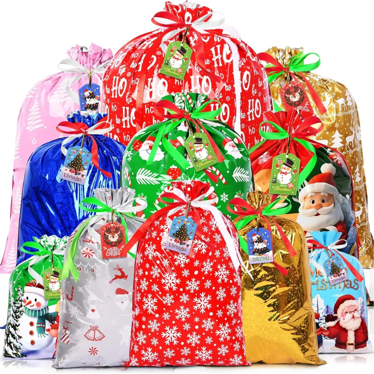 16pcs Christmas Drawstring Gift Bags with Tags, 5 Assorted Size Xmas Gift Wrapping Bags, Christmas Extra Large Medium Small Gift Bags Bulk for Party Decorations