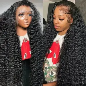 Deep Curly Water Wave Human Hair Wigs 13x6 HD Transparent Lace Front Wigs Pre Plucked Curly Lace Frontal Wigs For Women 180% Density Lace Front Wig Tiny Knots