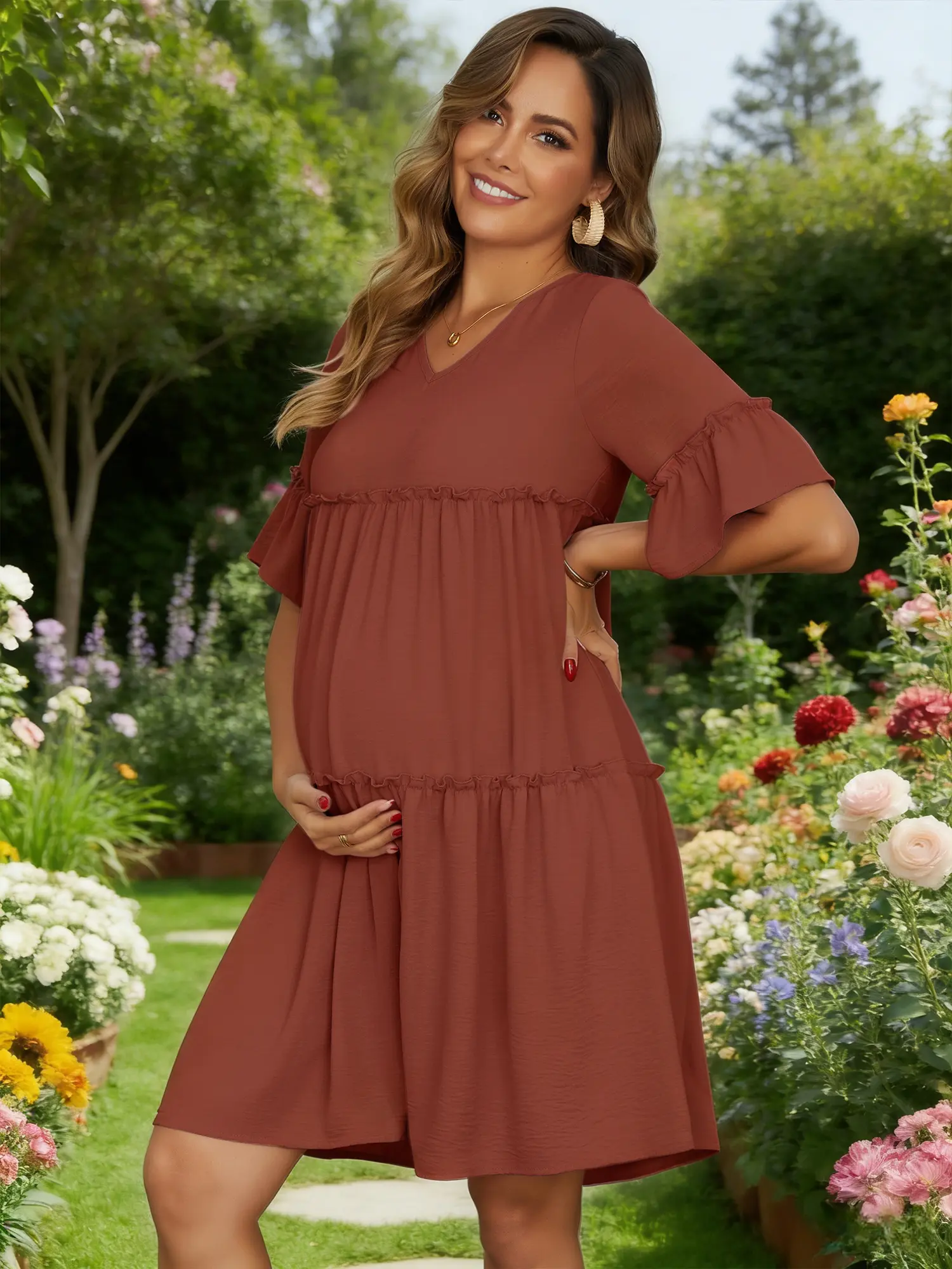 INSPIRE CHIC Women's Maternity Dress Babydoll Bohemian Tiered Ruffled Bell Sleeve Casual V Neck Boho Pregnancy Dresses