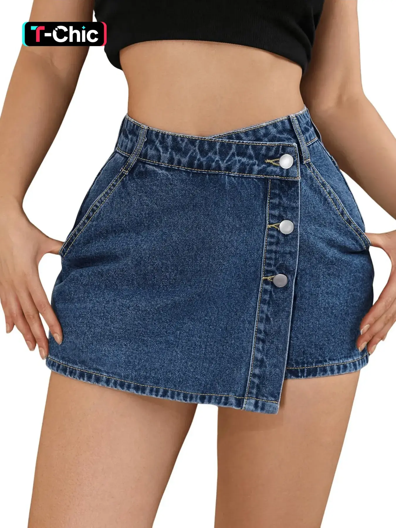 Women's High Waist Button Front Asymmetrical Hem Denim Skirt Pants, Casual Fashion Jeans, Comfortable, Fitted, Fit and Stylish, Cute, Denim Material Skirt