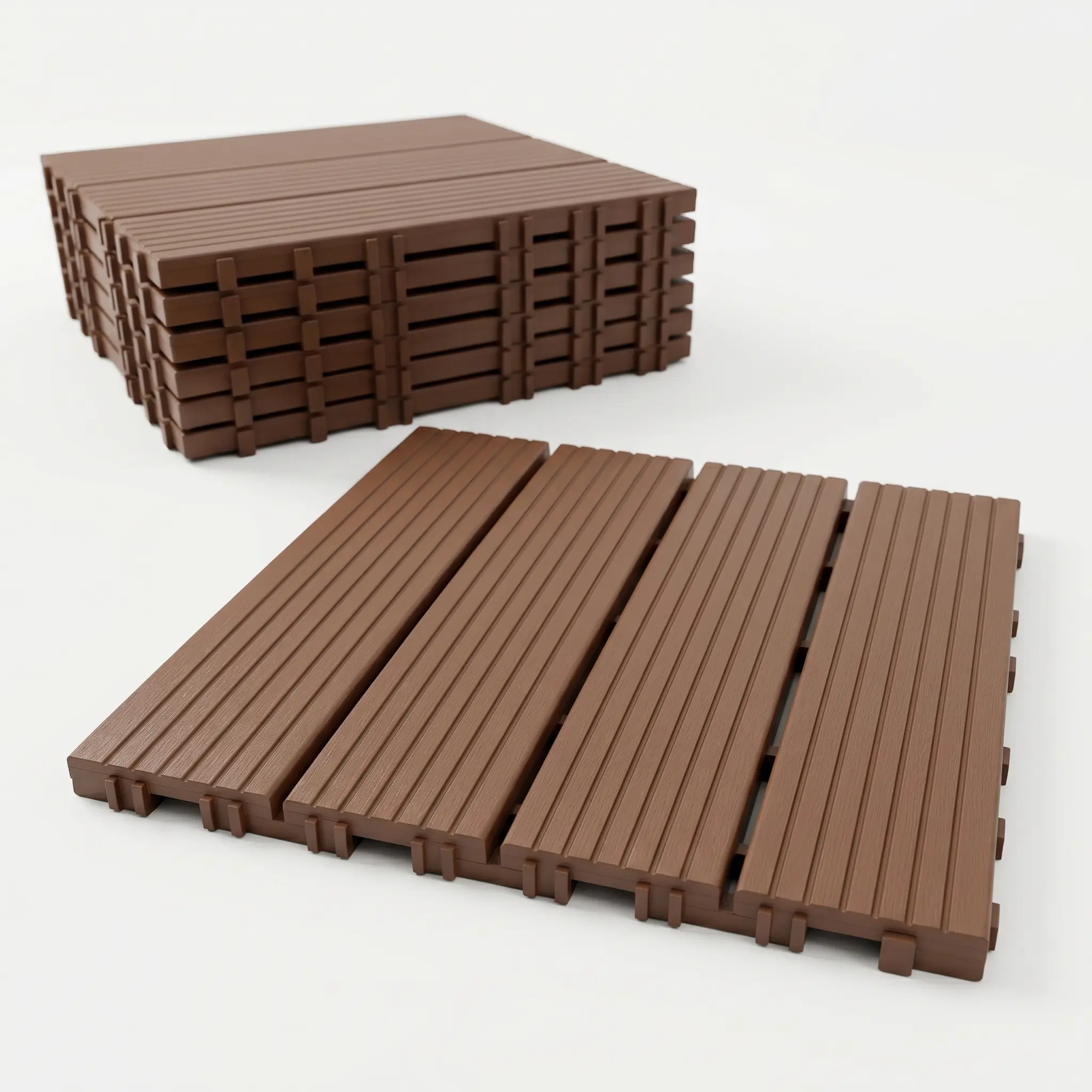 Brown Plastic Interlocking Deck Tiles - 44 Pack 12"x12" Waterproof Non-Slip Snap Fit Outdoor Floors, Year-Round All Weather Drainable Outdoor Patio Flooring for Poolside, Garden