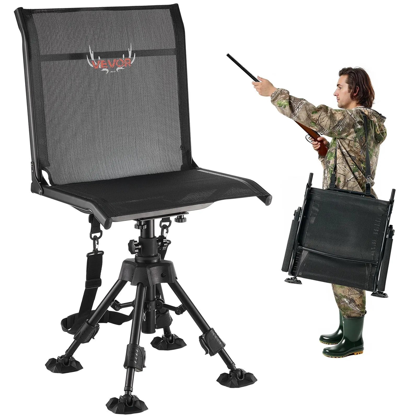 【SummerFinds】VEVOR Hunting Chair, 360° Silent Swivel, Foldable Portable Blind Chair, Heavy-Duty Steel Frame Ground Stool Seat with Anti-Sink Swivel Feet, Height Adjustable, 350 Lbs Capacity for Fishing Camping