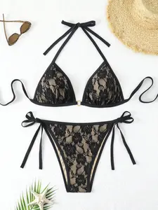 【Plus Size】 Floral Lace Bikini Set, Fashion Halter Neck Triangle Swim Bra & Tie Side Swim Panty, Women's Swimwear for All Seasons