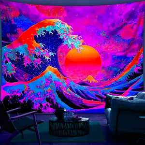 1pc UV-reactive Japanese wave tapestry. Glows with retro oceanic design under blacklight. Wrinkle-resistant fabric. Perfect for anime fans, rooms, or events. Ideal gift.