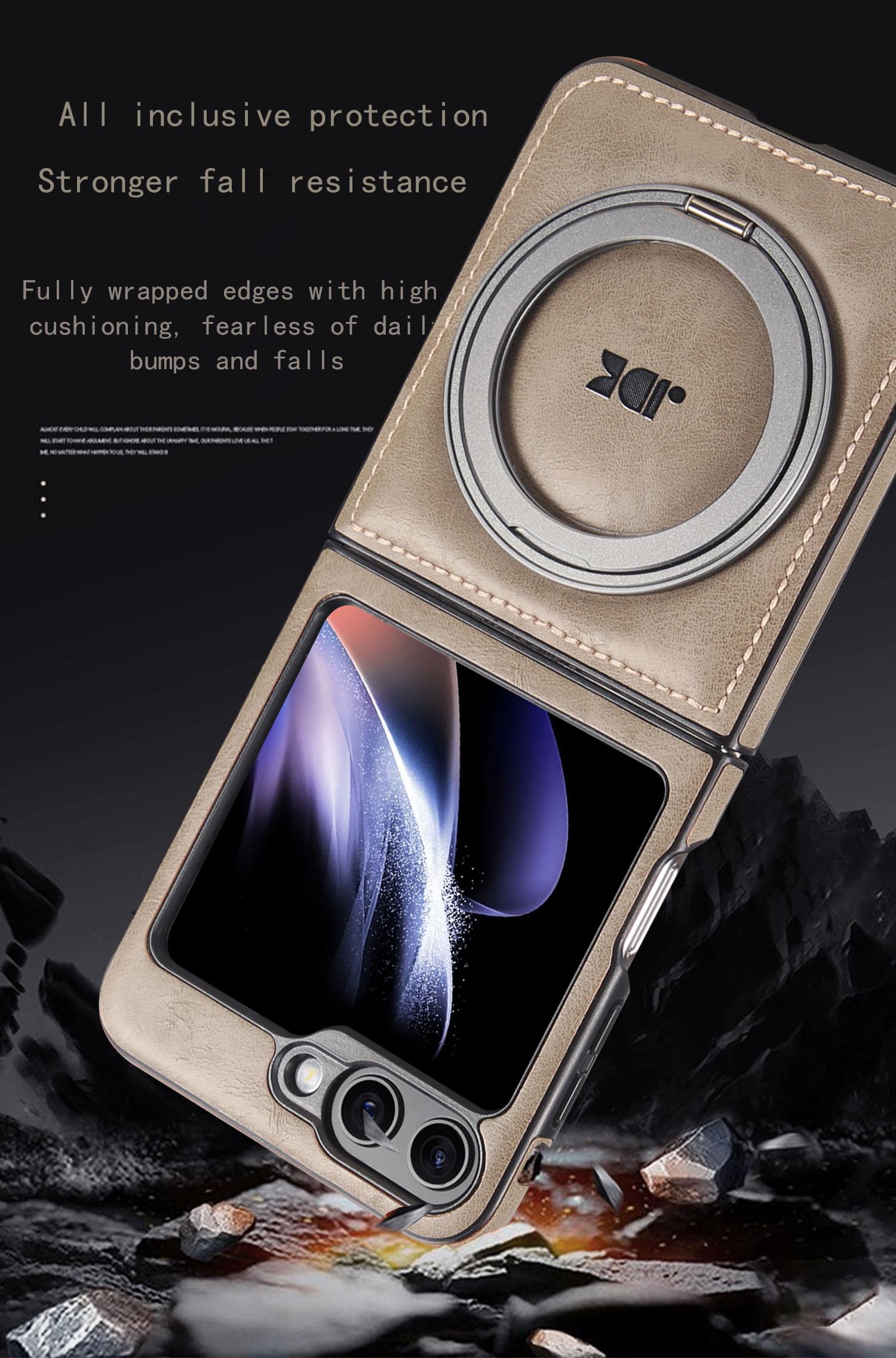 Metal 360° Rotating Stand Phone Case for Samsung ZFlip7/ZFlip6/ZFlip5/ZFlip4/ZFlip3 Foldable Screen Magnetic Skin-Friendly Leather Texture Business Full Shockproof Protective Cover