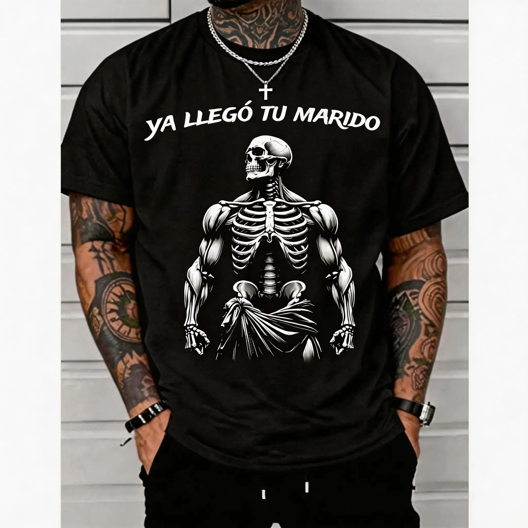 Handmade Unisex Classic Cotton Graphic Print Calaca Motif Gym T-Shirt, Mexican Sayings Funny Sarcasm Slang Round Neck Sports Top