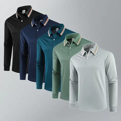 Men’s 5-Pack Long Sleeve Button Front Polo Shirts - Contrast Striped Collar, Moisture-Wicking Soft Fabric, Fitted Cut, Work & Casual Essential for Spring, Autumn