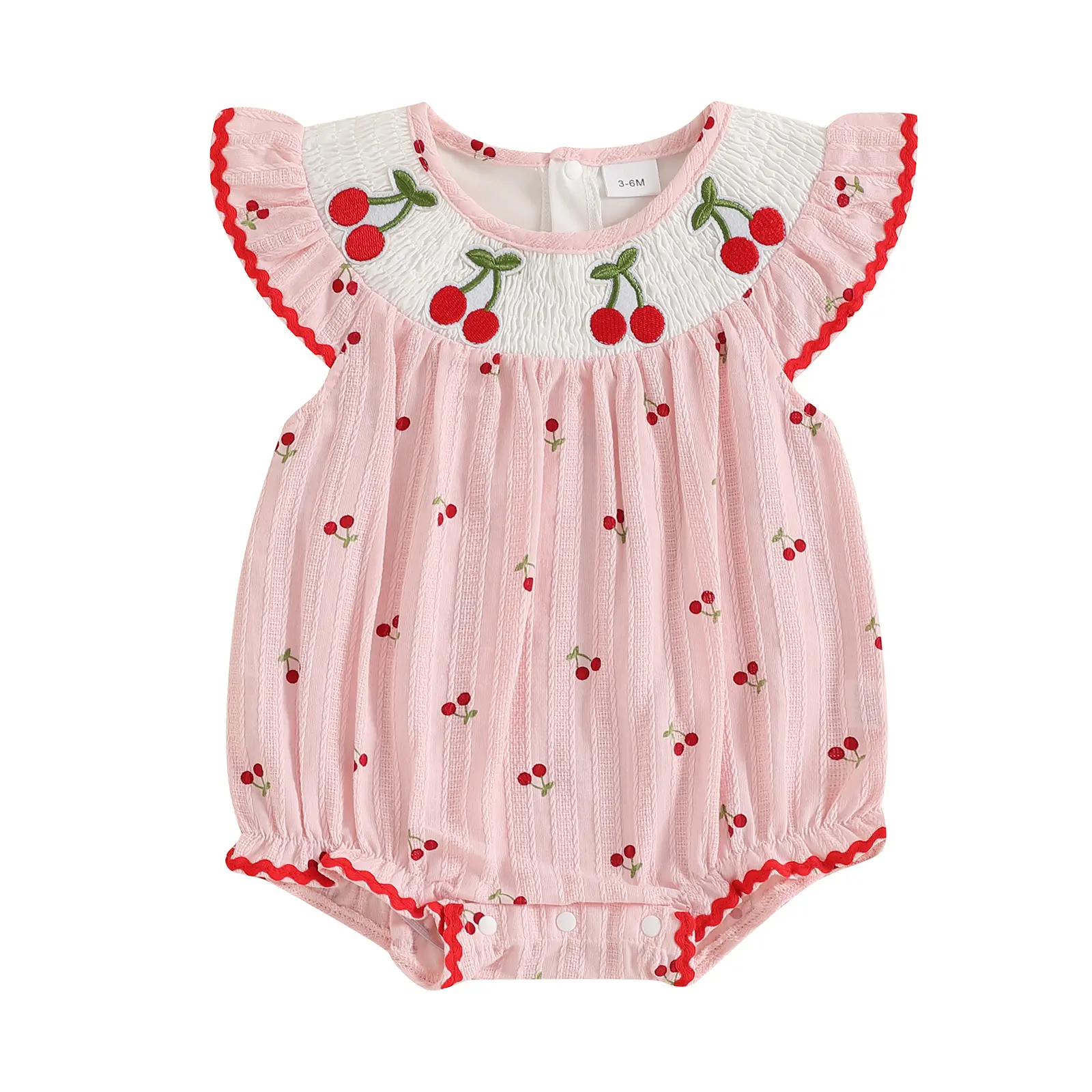 Newborn Baby Girl Summer Outfit Cherry Bubble Romper Smocked Bodysuit Vintage Ruffle Trim Onesie Cute Romper