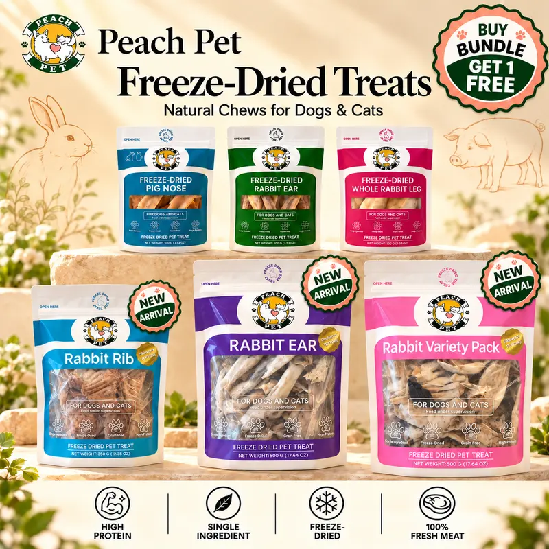 Peach Pet Freeze-Dried Dog & Cat Treats, Rabbit Ears, Rabbit Legs, Pig Nose, Rabbit Variety Mix & Bundle Packs, Single & Large Bags, All-Natural, High Protein